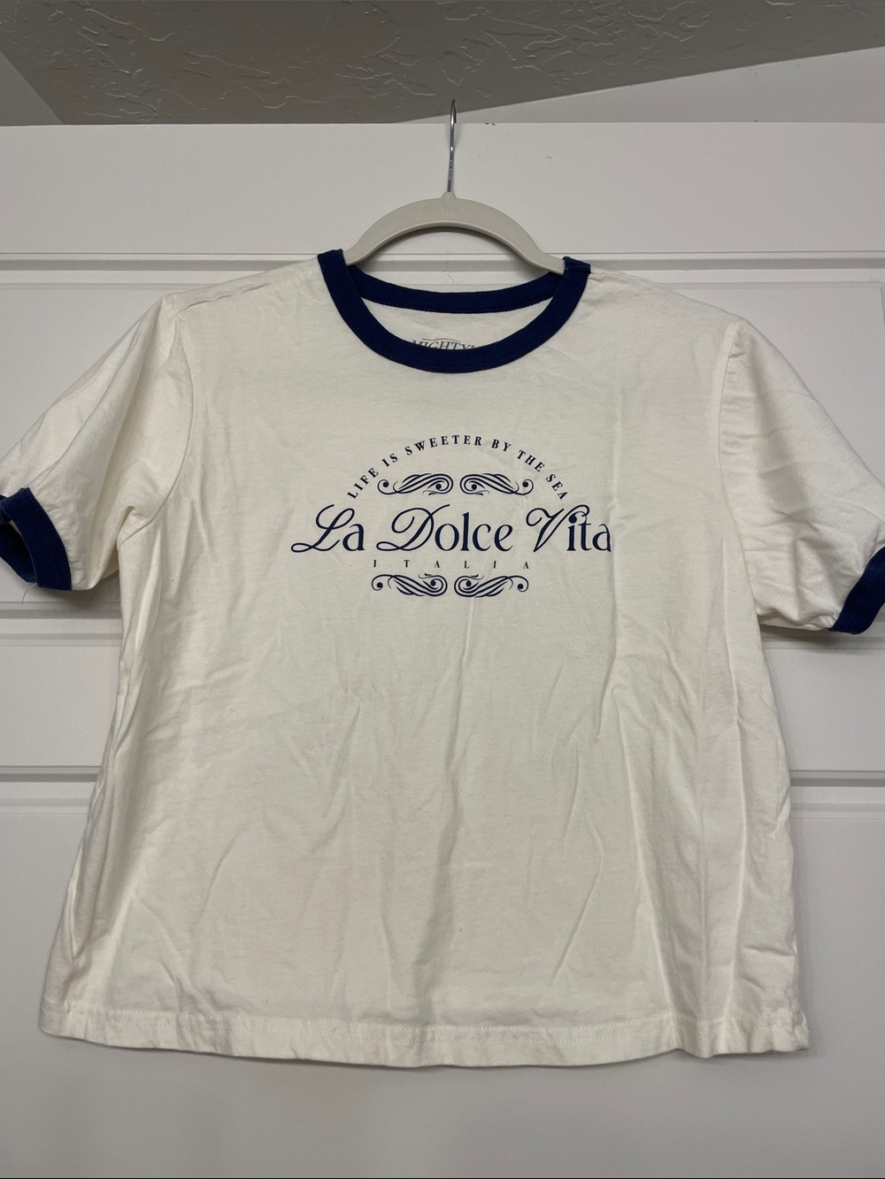 Mighty Fine Cream Tee with Navy Trim - La Dolce Vita Graphic